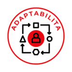 Ikona prispôsobivosti - symbol otvoreného zámku v červenom kruhu s textom ADAPTABILITY. Znázorňuje schopnosť udržať si smer aj v chaose a pružne reagovať na zmeny.