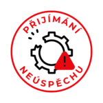 Ikona prijatia zlyhania - ozubené koliesko s rozbitou časťou v červenom kruhu s textom ACCEPTANCE OF FAILURE. Symbol schopnosti učiť sa z chýb a vnímať zlyhanie ako súčasť rastu.