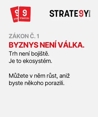 Obrázek s nápisem: Zákon č. 1 – Byznys není válka. Trh není bojiště, ale ekosystém. Můžete v něm růst, aniž byste někoho porazili – motto značky STRATE9Y.