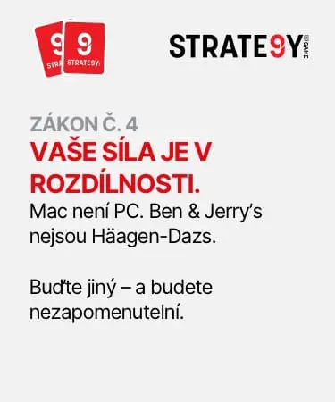 Obrázek s nápisem: Zákon č. 4 – Vaše síla je v rozdílnosti. Mac není PC. Ben & Jerry’s nejsou Häagen-Dazs. Buďte jiný – a budete nezapomenutelní. Myšlenka značky STRATE9Y.