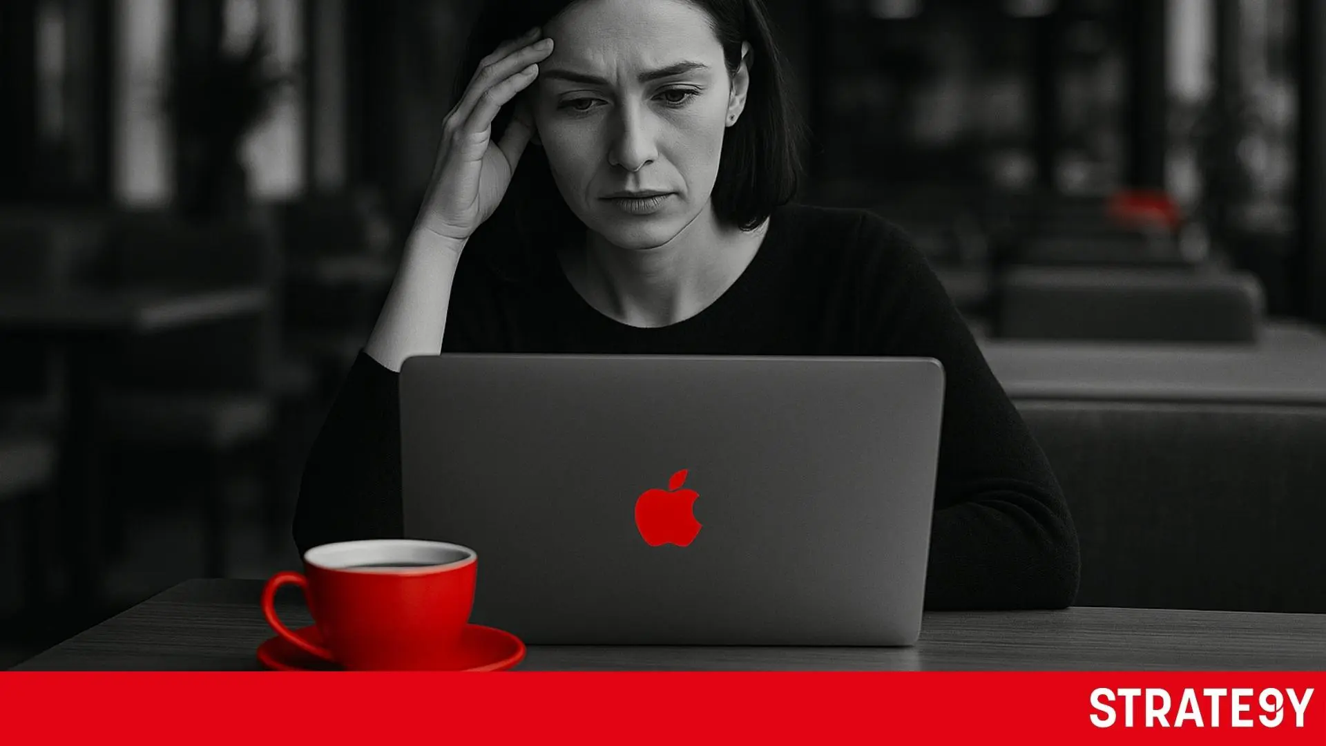 Mladá žena sedí zamyslene v kaviarni pri notebooku s chatgptom, premýšľa o podnikateľskom nápade. Čiernobiela fotografia s červeným akcentom na šálke a logom na notebooku.