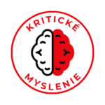 Ikona kritického myslenia - mozog rozdelený na dve polovice v červenom kruhu s nápisom CRITICAL THINKING. Symbol schopnosti spochybniť vlastný úsudok a zmeniť názor na základe nových informácií.