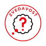 Ikona zvedavosti - otáznik v červenom kruhu s textom CURIOSITY. Symbol pre schopnosť objavovať nové perspektívy a inšpirovať sa mimo vlastnej bubliny.