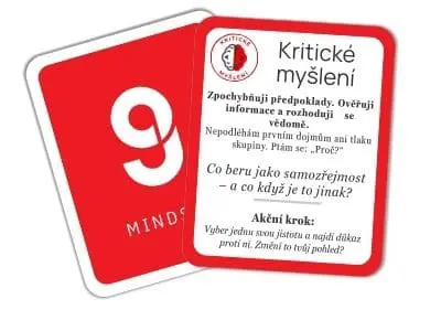 Karta STRATE9Y s názvem ‚Kritické myšlení‘ – obsahuje výzvu ke zpochybnění předpokladů, otázku na vlastní úsudek a akční krok zaměřený na změnu úhlu pohledu.