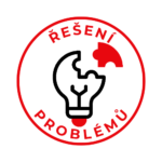 Ikona řešení problémů – symbol mozku se šroubovákem v červeném kruhu s textem ŘEŠENÍ PROBLÉMŮ. Vyjadřuje schopnost hledat příčiny, ne jen symptomy, a jít k podstatě věci