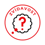 Ikona zvídavosti – otazník v červeném kruhu s textem ZVÍDAVOST. Symbol pro schopnost objevovat nové úhly pohledu a inspirovat se mimo vlastní bublinu