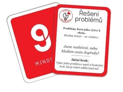 Karta STRATE9Y s názvem ‚Řešení problémů‘ – obsahuje výzvu hledat příčiny místo výmluv, otázku na reaktivní chování a akční krok k nalezení konkrétního řešení.