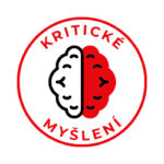 Ikona kritického myšlení – mozek rozdělený na dvě poloviny v červeném kruhu s nápisem KRITICKÉ MYŠLENÍ. Symbol schopnosti zpochybňovat vlastní úsudek a měnit názor na základě nových informac