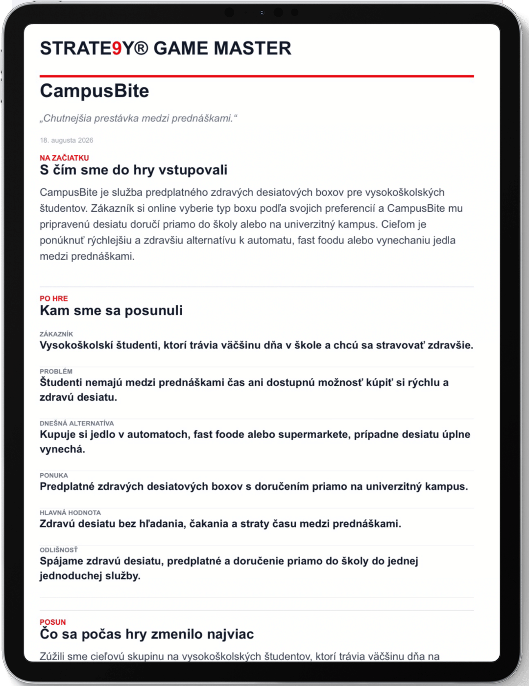 Ukážka prvej strany slovenského výstupu STRATE9Y Game Master – CampusBite