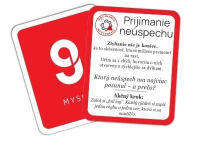 karta prijimani neuspechu Karta STRATE9Y s názvem ‚Přijímání neúspěchu‘ – obsahuje výzvu vnímat selhání jako zdroj učení, otázku na osobní selhání a akční krok pro reflexi chyb, které nás posunuly.