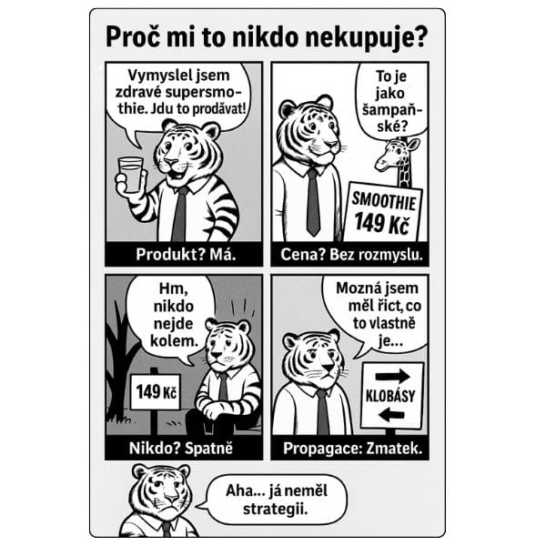 proc_mi_to_nikdo_nekupuje Komiks vysvětlující, proč podnikatelský nápad nefunguje kvůli chybám v produktu, ceně, propagaci a strategii