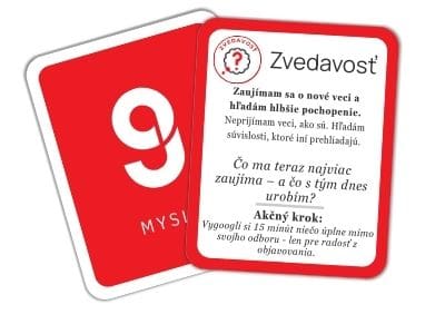 Karta zvídavost Karta STRATE9Y s označením ‚Zvídavost‘ – obsahuje výzvu k hlubšímu poznání, otázku k zamyšlení a akční krok, jak rozvíjet zvídavé myšlení.