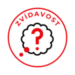 Ikona zvídavosti – otazník v červeném kruhu s textem ZVÍDAVOST. Symbol pro schopnost objevovat nové úhly pohledu a inspirovat se mimo vlastní bublinu